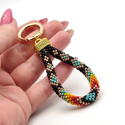 Ethnic Style Key Fob, Colorful Beadwork Keychain, Black Turquoise Beaded Key Fob
