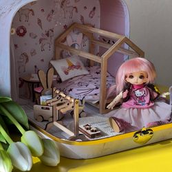 Dollhouse in suitcase personalized gift for girl, doll house furniture, gift box, bjd doll miniature, kids room decor