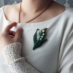 Lily of the Valley Brooch Handmade. Flower Embroidery Brooch. Beaded Floral Brooch