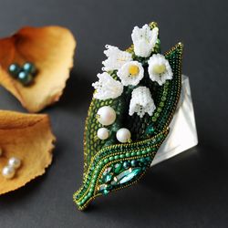 Lily of the Valley Brooch Handmade. Flower Embroidery Brooch. Beaded Floral Brooch
