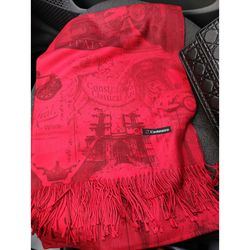 Red long scarf with travel print