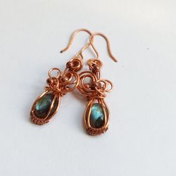 Wire wrap earrings with labradorites, very small wire earrings, summer jewelry