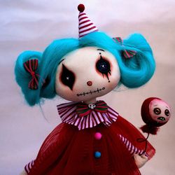Gothic clown doll, creepy art doll, button eyes doll, goth cloth doll, weird art doll, handmade doll, killer toy