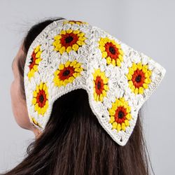 Sunflower granny square triangle head scarf with ties. Handmade colorful cotton hair kerchief.