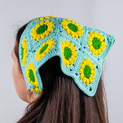 Teal blue granny square triangle head scarf with ties. Handmade colorful cotton hair kerchief. Retro floral bandana.