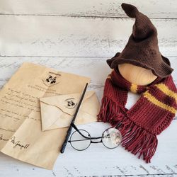 Wizard Set. Newborn photo props. Letter, Magic Wand, Scarf, Hat, Glasses