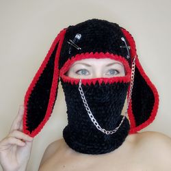 Zombie bunny balaclava Hand knit goth balaclava with ears Black red face cover crochet Sexy bunny mask adults.