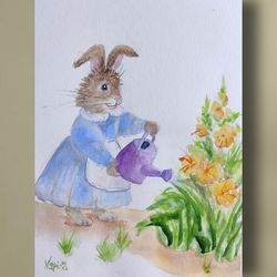 Rabbit painting original watercolor art brown rabbit in garden flowers 