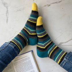 Bright striped handmade knitted socks