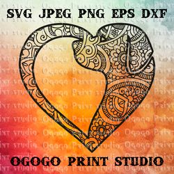 Mandala style Dog SVG, Zentangle SVG, Heart svg, Pet love