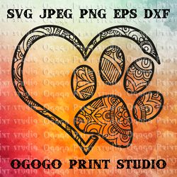 Dog paw SVG, Zentangle SVG, Heart SVG, Pet love svg, Mandala, Handmade
