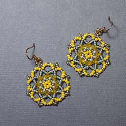 Yellow round earrings beaded earrings dangle earrings grey