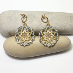 Grey round earrings beaded earrings dangle earrings  yellow earrings 