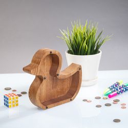 Personalized DUCK piggy bank Kids Christmas gift Wooden money box toy for girls boys 1st birthday baby shower gift