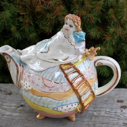 princess on the pea porcelain teapot original artwork ceramic figurine sleeping beauty, fairy handmade teapot