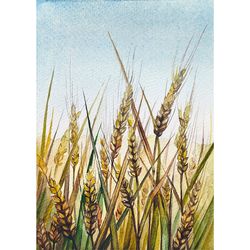 Wheat field painting farm hand painted original painting spikelet watercolor art Kansas landscape wall art by AlyonArt 