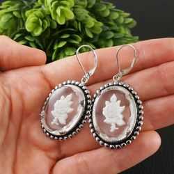 White Rose Intaglio Earrings Vintage Clear Glass Rose Flower Silver Intaglio Floral Cameo Wedding Earrings Jewelry 7626