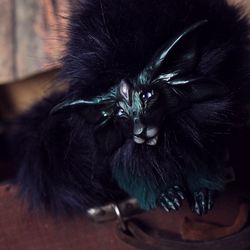 Fantasy green wolf toy to ORDER. Emerald wolf toy. Ooak handmade fur doll. Author's toy. Art creature. Collection
