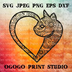 Mandala style Cat SVG, Zentangle SVG, Heart SVG, Pet lover, Handmade
