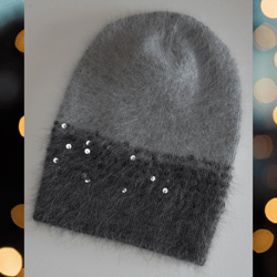 Grey angora beanie hat with sequins