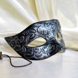 Black men masquerade mask to halloween costume. Venetian mask Colombina. Cosplay masks to masquerade costume.