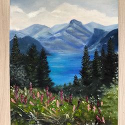 Original oil painting landscape forest mountain lake 10 x 14'' inch
