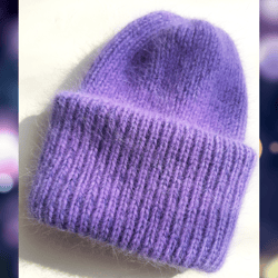 Angora hat with double cuff, lavender purple color.