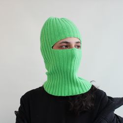 Balaclava green neon, knit balaclava, ski mask 1 hole, woolen helmet