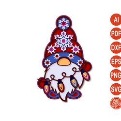 Layered Christmas gnome mandala with garland DXF,3D, laser or Cricut cut file SVG