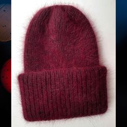 Angora hat with double cuff, dark red color.