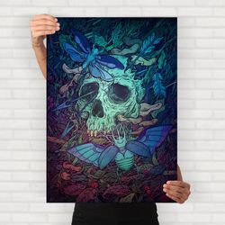 Skull and Moths / Dark art poster / Goth home decor