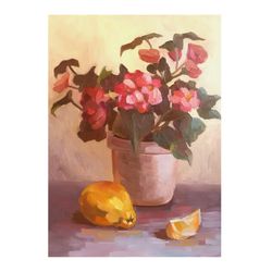 Begonia in the golden light of day, floral original art canvas painting 14x20" by Svetlana