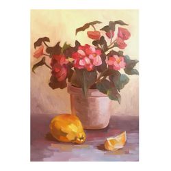 begonia in the golden light of day, floral original art canvas painting 14x20" by svetlana