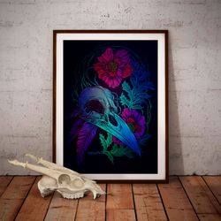 crow skull / gothic wall decor / dark art poster / spooky art