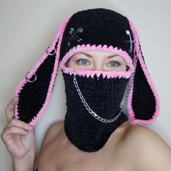 Pink black bunny balaclava Bunny kigurumi hat Sexy balaclava hat Crazy bunny hat crochet Halloween full face cover