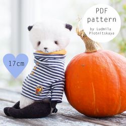 Teddy panda pattern with clothes, sewing teddy bear pattern 17 cm