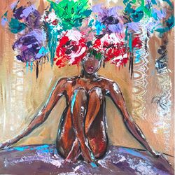 Nude Woman Painting Print Original Art Poster Faceless Portrait Painting Naked Woman Print Flowers Woman Art  Fig
