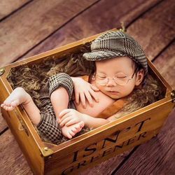 2 Pcs Newborn Boy Girl Glen Plaid Houndstooth Suspender Pants Hat Cap Photography Prop Outfit Photo Prop Clothes Set