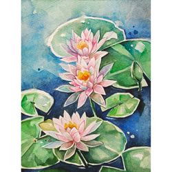 Water lily painting lotus art original painting watercolor flower hand painted pink flower wall art by AlyonArt