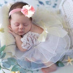 Newborn Girl Photography Prop Lace Mesh Short Sleeve Ruffle Hem Flared Dress Headband Photography Set 2Pcs