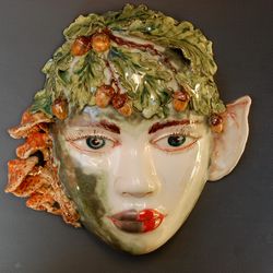 Wood elf portrait Interior mask Wall art Face sculpture Fairy forest Oak Acorns Ceramic Wall sculpture Home Decor,Garden
