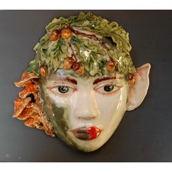 Wood elf portrait Interior mask Wall art Face sculpture Fairy forest Oak Acorns Ceramic Wall sculpture Home Decor,Garden