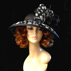 White black polka-dot derby hat, Wide brim sinamay hat, Royal Ascot hat