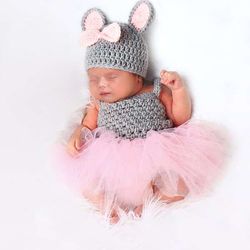 Newborn Girl Photography Prop Mesh Ruffle Hem Flared Knit Dress Hat Photography Set 2Pcs