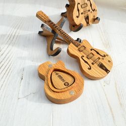 Wooden guitar pick box with stand personalized gift for guitar teacher, picks case for guitar player gift, pick holder