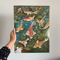 Koi Fish Painting Original, Oil Painting On Canvas, Japan Wall Decor