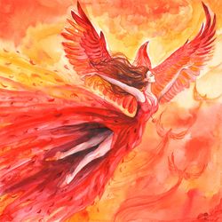 Phoenix Painting Goddess Phoenix Original Art Woman Bird Watercolor Fire Bird Artwork. MADE TO ORDER