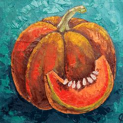 Pumpkin Painting Food Original Art Vegetable Still Life Small Oil Painting 10 by 10 inches