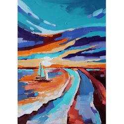 Sailboat Painting Sea Sunset Original Art Impasto Artwork Seascape Wall Art Oil Canvas MADE TO ORDER!