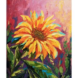 Sunflower Painting Floral Original Art Impasto Artwork Rustic Oil Wall Art